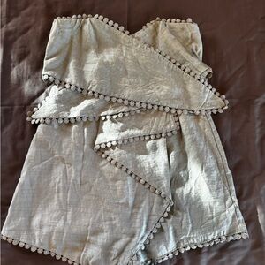 Lulu's Light Gray Strapless Dress with Pom Pom Detail